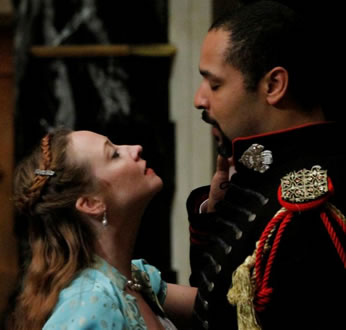 Desdemona in blue dress, Othello in dress uniform