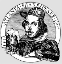 The Atlanta Shakespeare Tavern logo, Parady of famous Shakespeare woodcut, wearing a baseball cap with an "A" and holding a mug of beer.