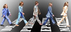 Caricature of Beatles on Abbey Road crosswalk followed by Shakespeare, the crosswalk stripes the names De Vere, Presley, Epstein and Martin