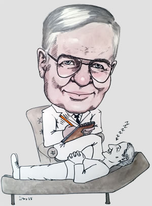 Caricature of Dad in suit sitting on chair with note pad in hands, and patient lying asleep on the couch