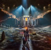 A line of people walk down a central stone path through a heath toward the Stonehenge-end of Macbeth's play space, with spotlights spraying out from the ceiling onto the two grandstands of people
