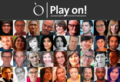 The masthead of the Play On! project, with the logo at the top and four rows of 9 headshots each, the collection of playwrights in the project.