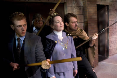 The men in suits weilding club sticks (Dauphin wears a crown, Austria a cape, Chatillion a Roman helmet), the queen in lavender dress suit with a black cape, jewelled catch, and crown.