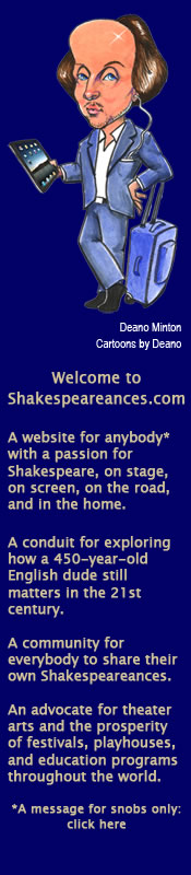 Caricature of Shakespeare, with column showing mission statement of shakespeareances.com from home page