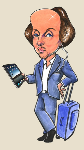 Caricature of Shakespeare with rolling suitcase, an iPad and MP3 player