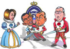 Caricature of Obama and Boehner fighting over Oval Office throne with Pelosi to one side, McConnel to the other, the Democrats wearing blue roses, the Republicans red, and a shadow of Richard III looming over