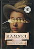 The book cover of "Hamnet, Anovel of the Plague, Maggie O'Farrell with a picture of a boy wearing a feathered hat and a brown striped feather across his eyes. "National Best Seller," "Winner of the National Book Critics Circle Award," "A thing of shimmering wonder."--David Mitchell, and a seal of The New York Times Book Review 10 Best Books of 2020"