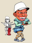 Caricature of Tiger Woods with cell phone and incredulous caddy in Renaissaisance Veronese clothes